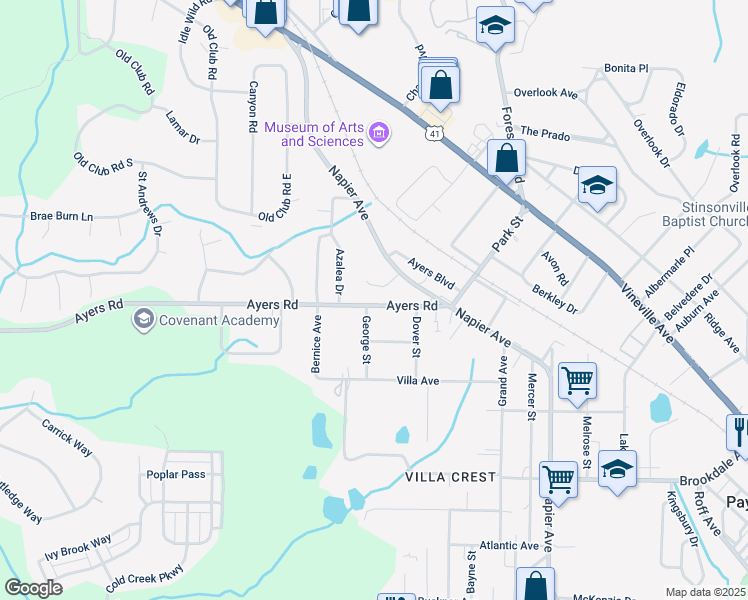 map of restaurants, bars, coffee shops, grocery stores, and more near 4266 Ayers Road in Macon