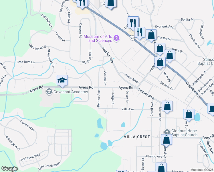 map of restaurants, bars, coffee shops, grocery stores, and more near 4348 Ayers Road in Macon