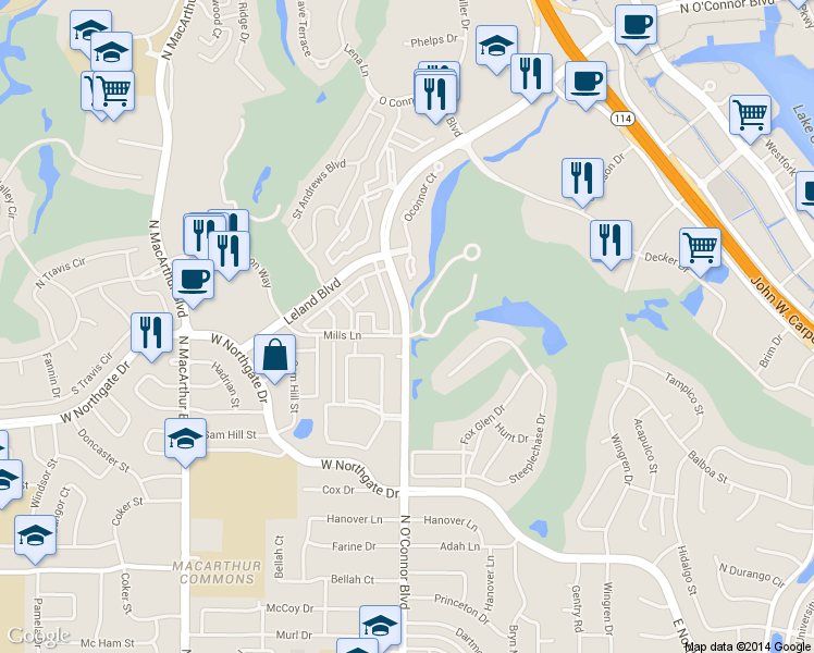 map of restaurants, bars, coffee shops, grocery stores, and more near 28 Bob White Drive in Irving