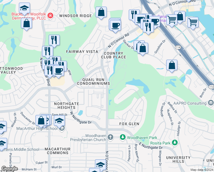 map of restaurants, bars, coffee shops, grocery stores, and more near 28 Bob White Drive in Irving