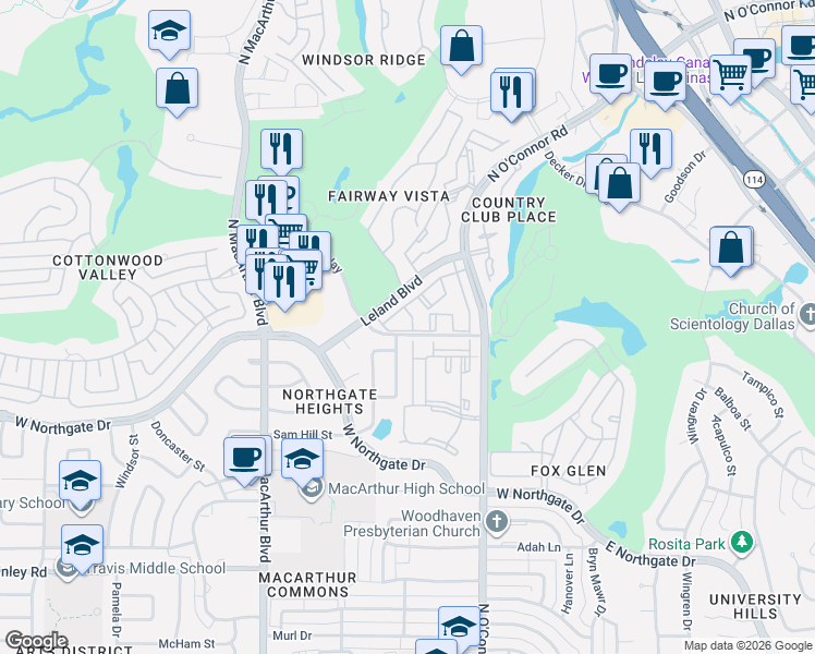 map of restaurants, bars, coffee shops, grocery stores, and more near 706 Mills Lane in Irving