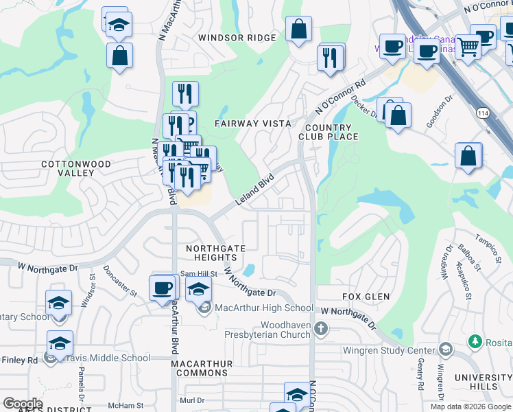 map of restaurants, bars, coffee shops, grocery stores, and more near 706 Mills Lane in Irving