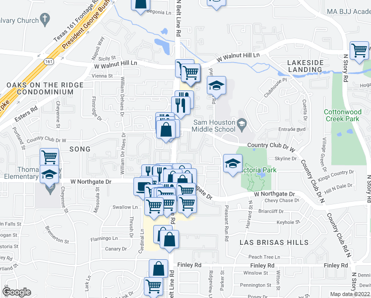map of restaurants, bars, coffee shops, grocery stores, and more near 3804 North Belt Line Road in Irving