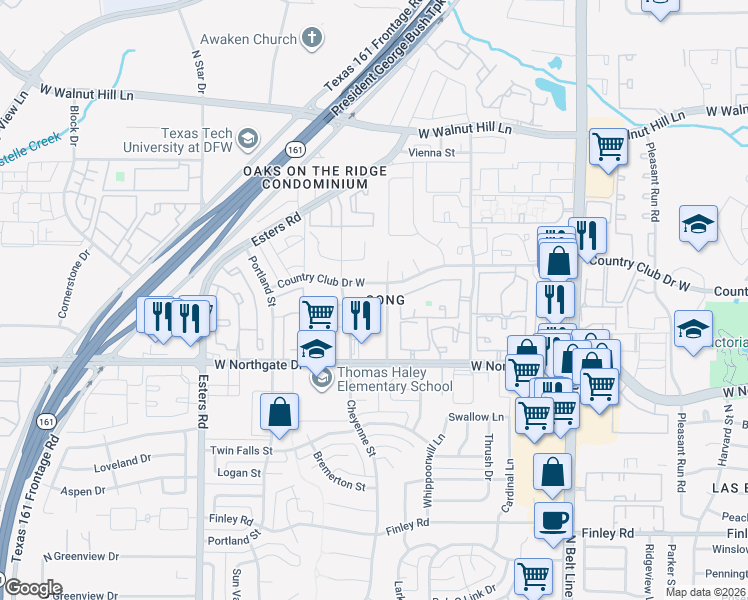 map of restaurants, bars, coffee shops, grocery stores, and more near 3733 Northridge Drive in Irving