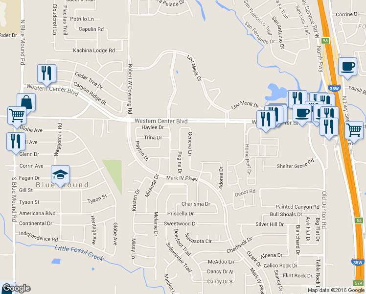 map of restaurants, bars, coffee shops, grocery stores, and more near 6465 Regina Drive in Fort Worth
