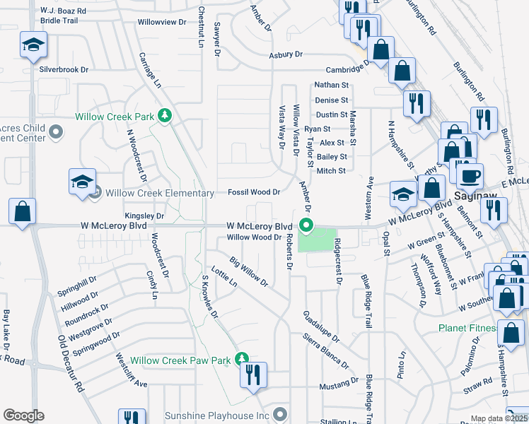 map of restaurants, bars, coffee shops, grocery stores, and more near 824 West McLeroy Boulevard in Saginaw