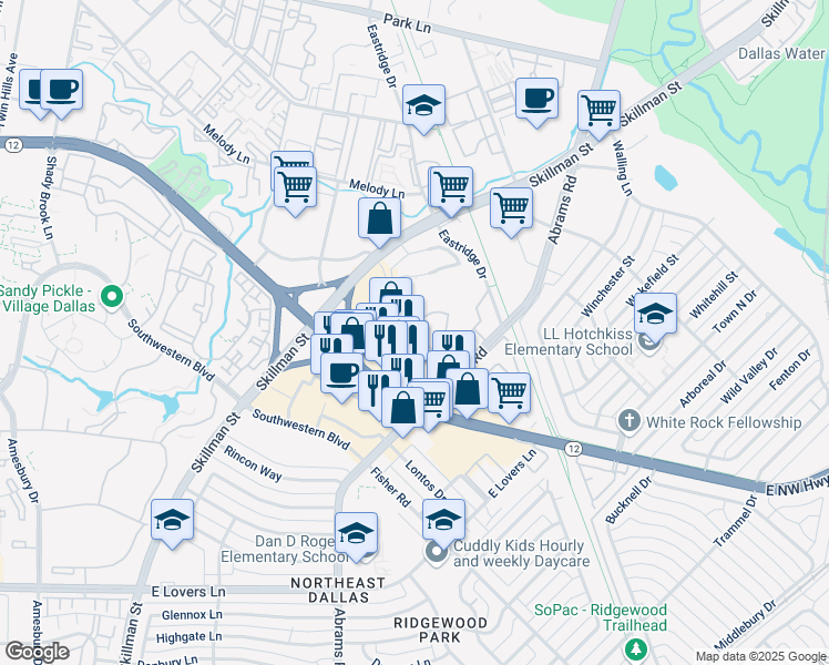 map of restaurants, bars, coffee shops, grocery stores, and more near 6310 Theater Way in Dallas