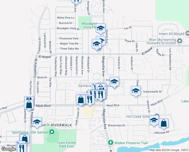 map of restaurants, bars, coffee shops, grocery stores, and more near in Santee