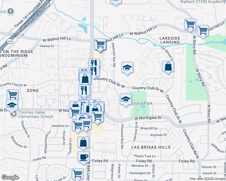 map of restaurants, bars, coffee shops, grocery stores, and more near 3801 Pleasant Run Road in Irving