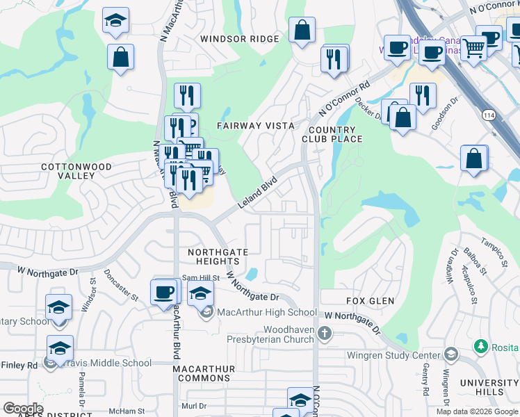 map of restaurants, bars, coffee shops, grocery stores, and more near 706 Mills Lane in Irving