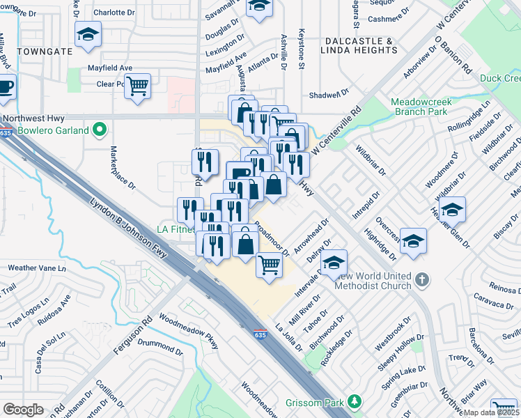 map of restaurants, bars, coffee shops, grocery stores, and more near 937 Centerville Road in Garland