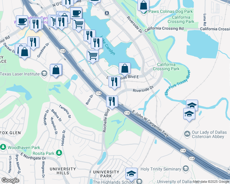 map of restaurants, bars, coffee shops, grocery stores, and more near 545 East John Carpenter Freeway in Irving