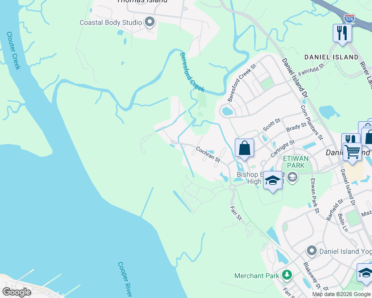 map of restaurants, bars, coffee shops, grocery stores, and more near 601 South Leavitt Court in Charleston