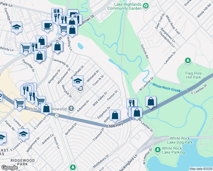 map of restaurants, bars, coffee shops, grocery stores, and more near 7042 Arboreal Drive in Dallas