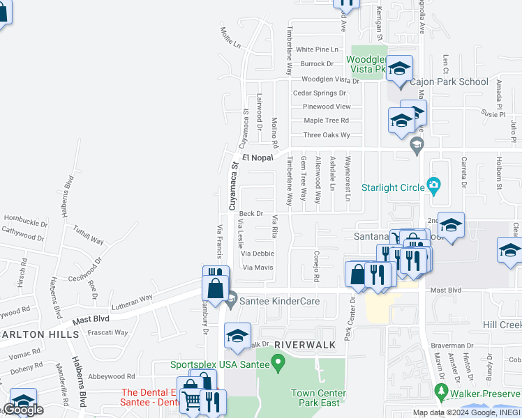 map of restaurants, bars, coffee shops, grocery stores, and more near 9936 Beck Drive in Santee