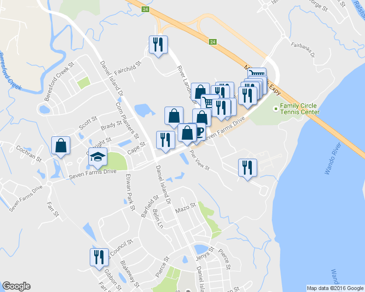 map of restaurants, bars, coffee shops, grocery stores, and more near 260 Seven Farms Drive in Charleston