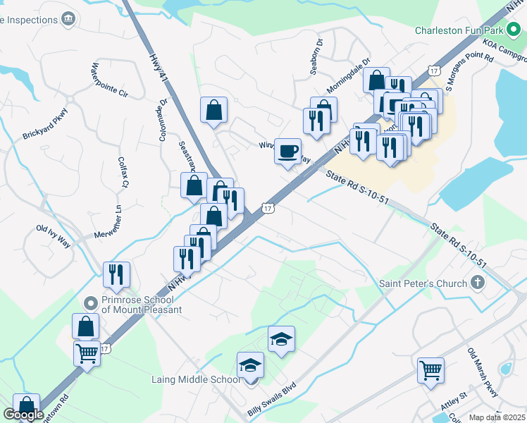 map of restaurants, bars, coffee shops, grocery stores, and more near 1900 U.S. 17 in Mount Pleasant