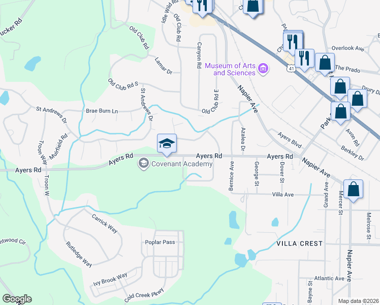 map of restaurants, bars, coffee shops, grocery stores, and more near 4563 Ayers Road in Macon