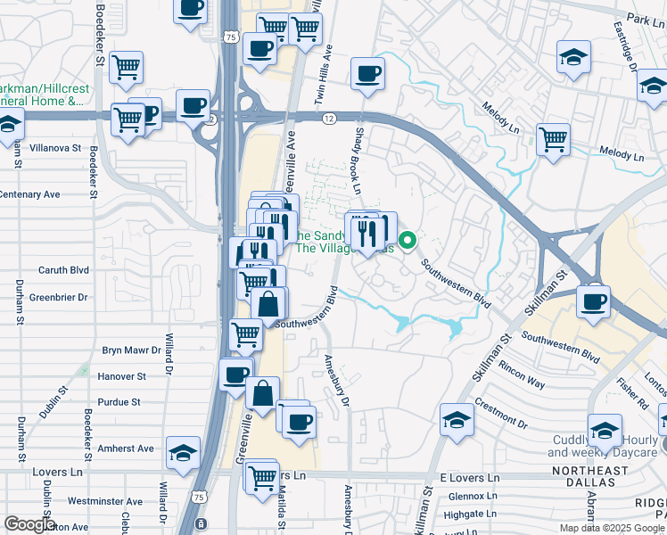 map of restaurants, bars, coffee shops, grocery stores, and more near 8253 Southwestern Boulevard in Dallas