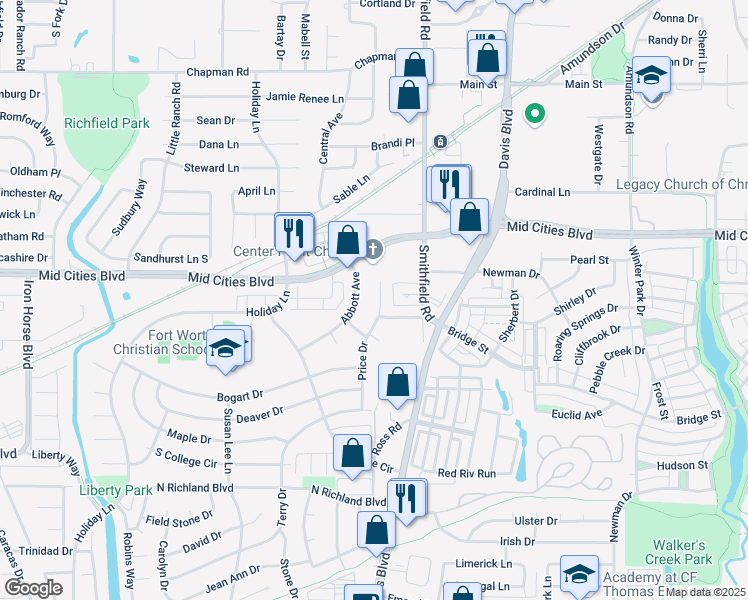 map of restaurants, bars, coffee shops, grocery stores, and more near 6204 Abbott Avenue in North Richland Hills
