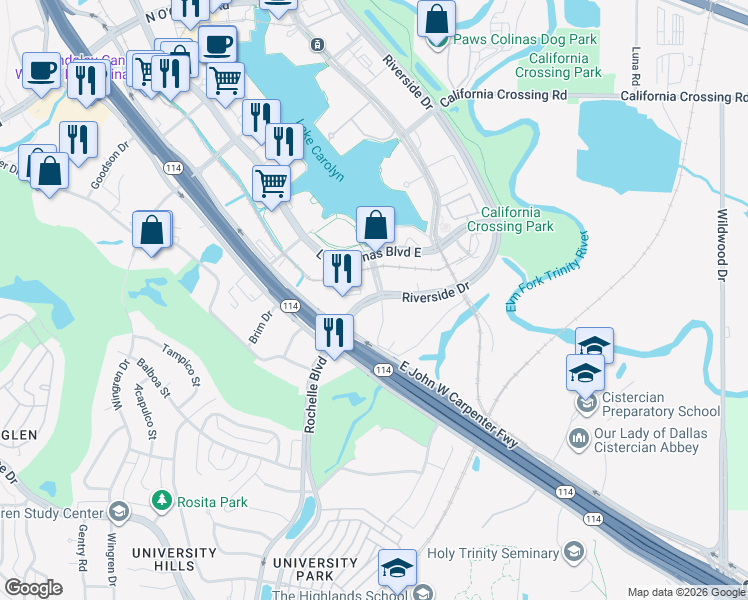 map of restaurants, bars, coffee shops, grocery stores, and more near 5030 Riverside Drive in Irving