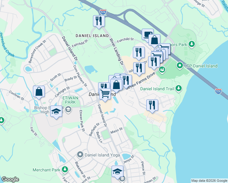 map of restaurants, bars, coffee shops, grocery stores, and more near 280 Seven Farms Drive in Charleston