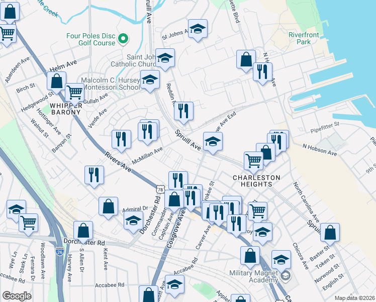 map of restaurants, bars, coffee shops, grocery stores, and more near 3442 Cochise Street in North Charleston