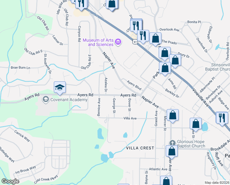 map of restaurants, bars, coffee shops, grocery stores, and more near 4266 Ayers Road in Macon