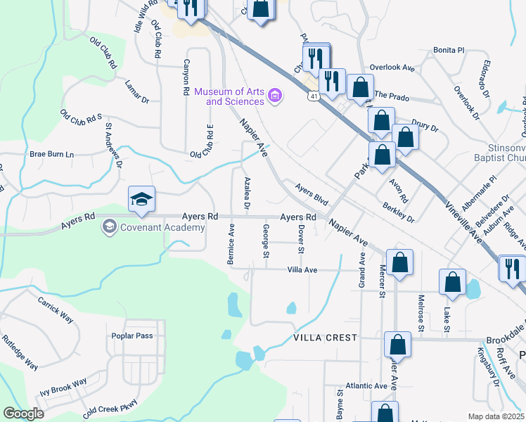 map of restaurants, bars, coffee shops, grocery stores, and more near 4266 Ayers Road in Macon