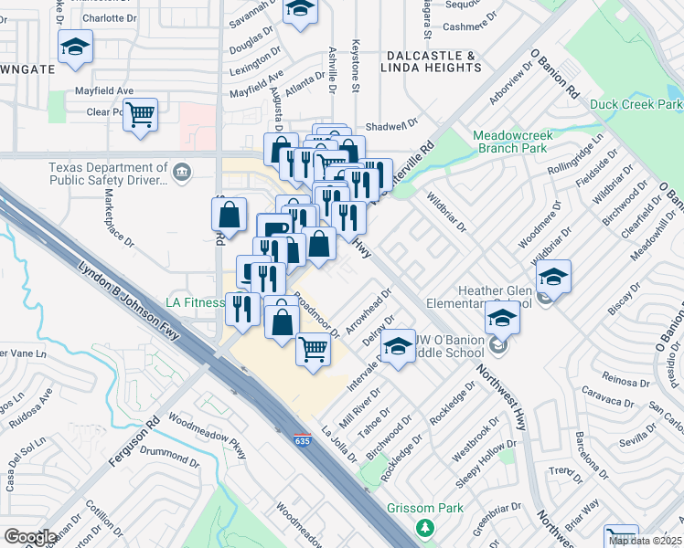 map of restaurants, bars, coffee shops, grocery stores, and more near 813 Chevy Chase Drive in Garland