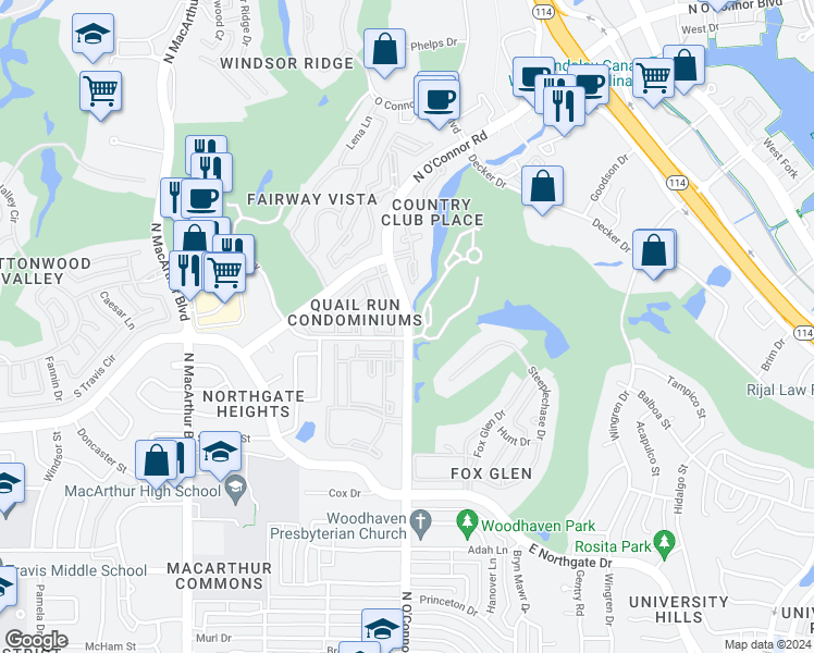 map of restaurants, bars, coffee shops, grocery stores, and more near 28 Bob White Drive in Irving