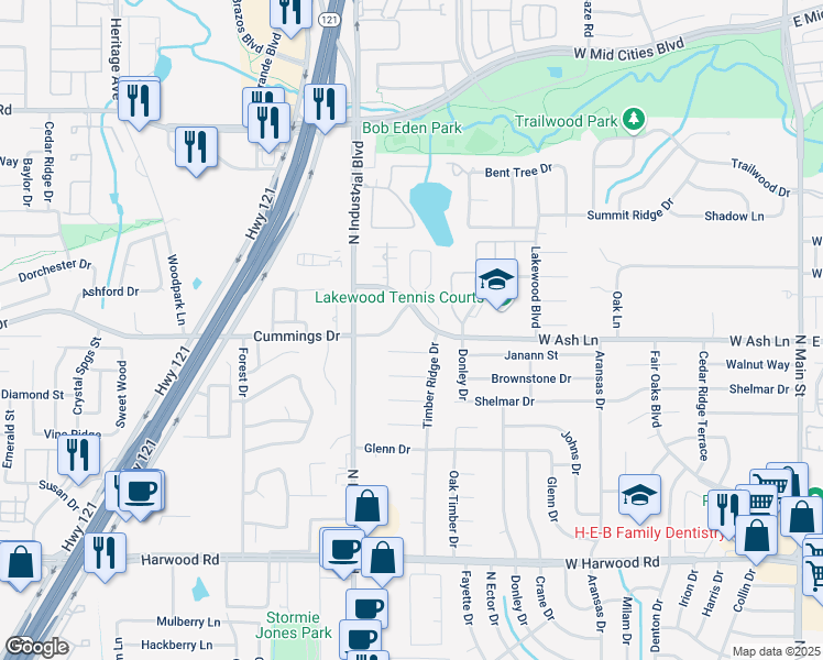 map of restaurants, bars, coffee shops, grocery stores, and more near 908 Woodcreek Court in Euless