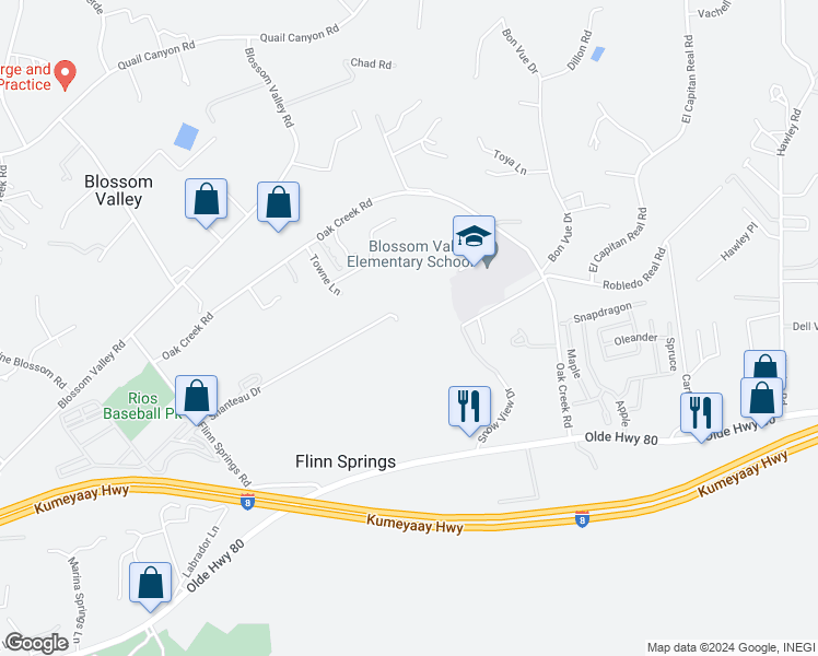 map of restaurants, bars, coffee shops, grocery stores, and more near 15011 Shanteau Drive in El Cajon