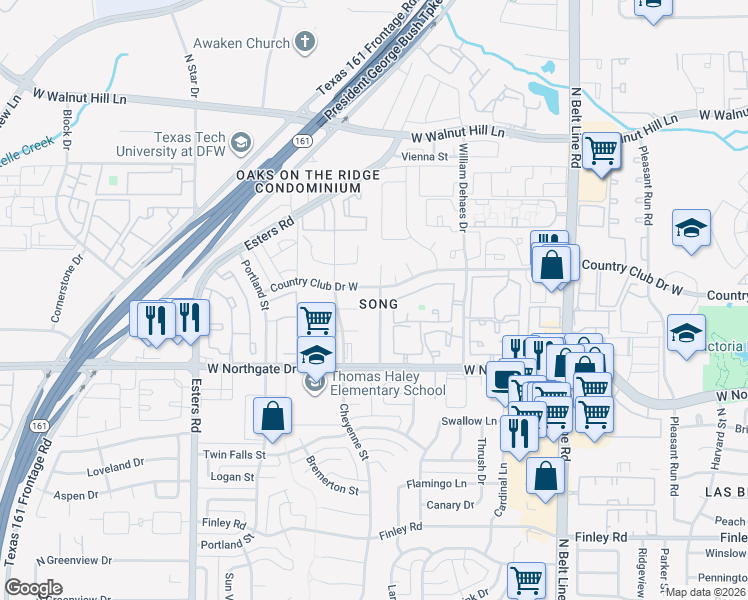 map of restaurants, bars, coffee shops, grocery stores, and more near 3733 Northridge Drive in Irving