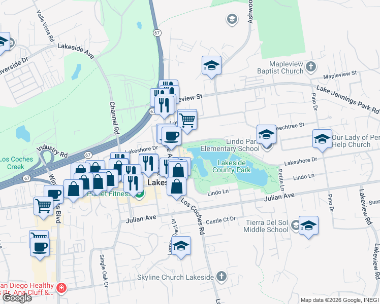 map of restaurants, bars, coffee shops, grocery stores, and more near 9839 Vine Street in Lakeside
