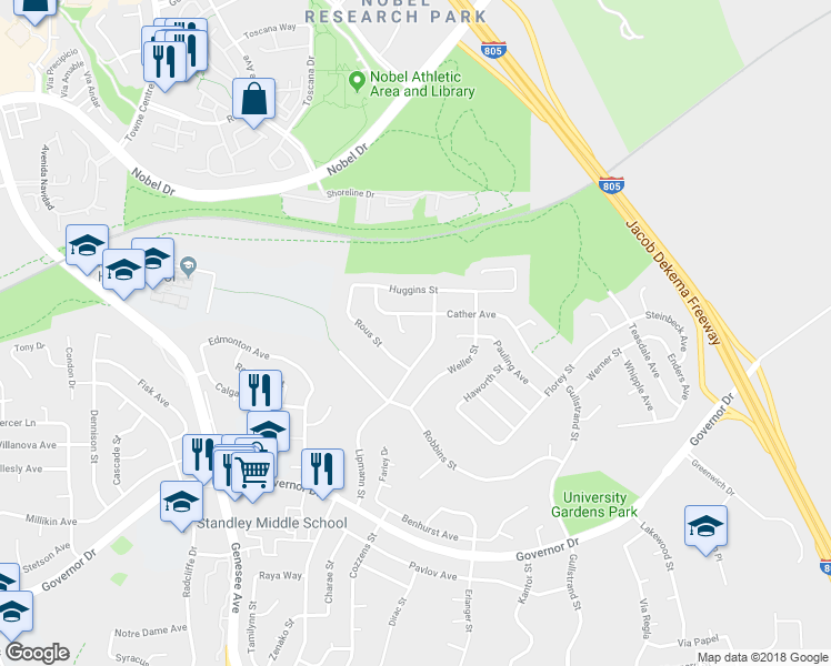 map of restaurants, bars, coffee shops, grocery stores, and more near 7119 Cather Court in San Diego