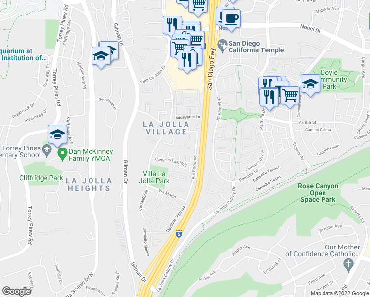 map of restaurants, bars, coffee shops, grocery stores, and more near 3294 Caminito Eastbluff in San Diego