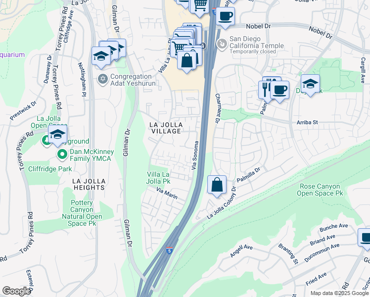 map of restaurants, bars, coffee shops, grocery stores, and more near 8430 Via Sonoma in San Diego