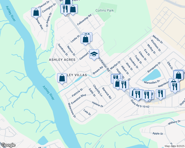 map of restaurants, bars, coffee shops, grocery stores, and more near 4305 Bream Road in North Charleston