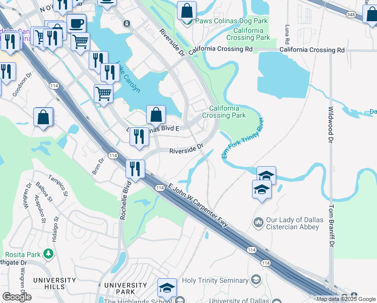 map of restaurants, bars, coffee shops, grocery stores, and more near 5030 Riverside Drive in Irving
