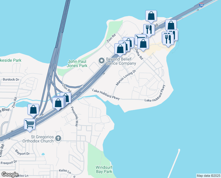 map of restaurants, bars, coffee shops, grocery stores, and more near 5701 Marvin Loving Drive in Garland