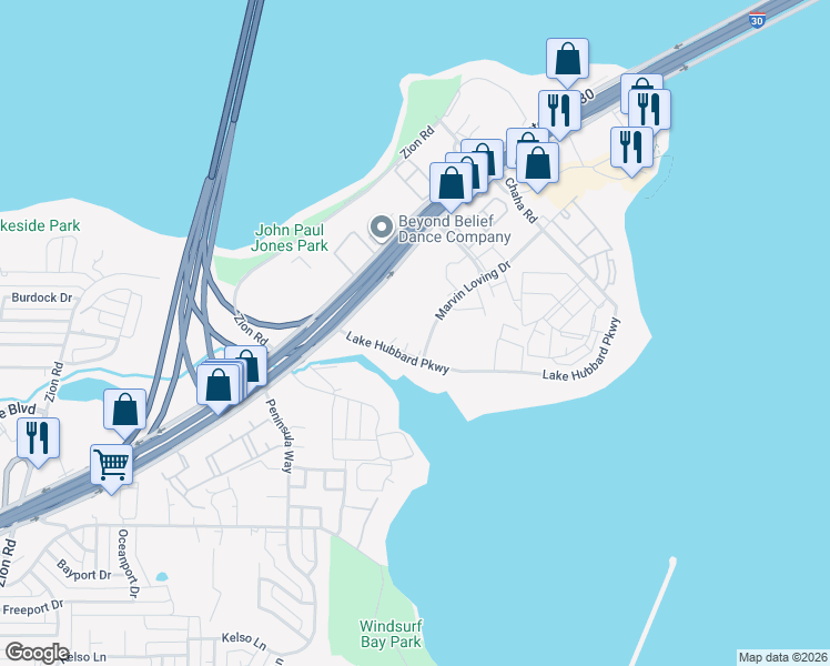 map of restaurants, bars, coffee shops, grocery stores, and more near 5701 Marvin Loving Drive in Garland