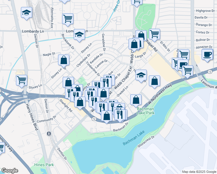 map of restaurants, bars, coffee shops, grocery stores, and more near 3078 Sumter Drive in Dallas