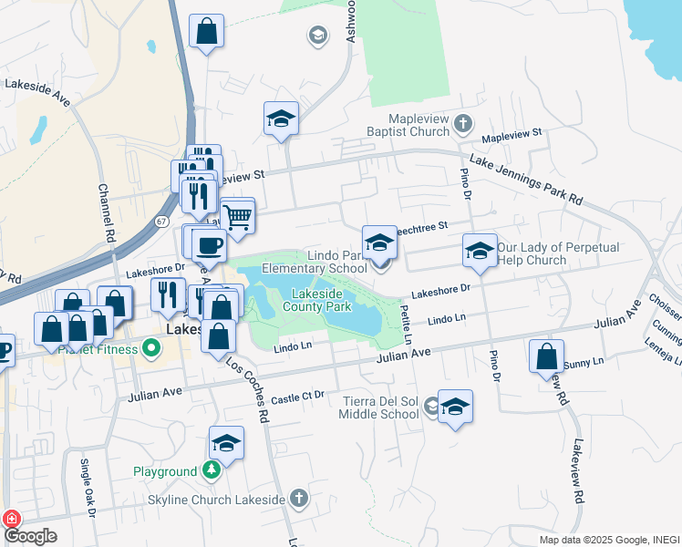 map of restaurants, bars, coffee shops, grocery stores, and more near Lindo Lake Pl & Lakeshore Dr in Lakeside