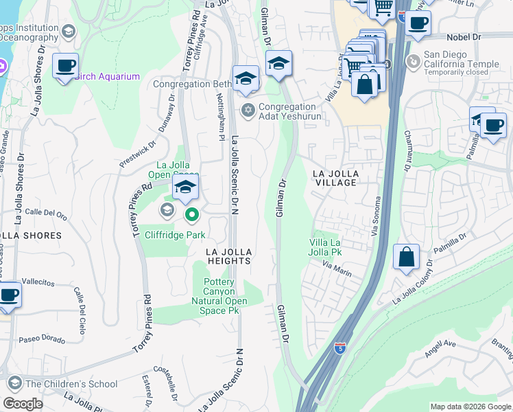 map of restaurants, bars, coffee shops, grocery stores, and more near Sugarman Drive in San Diego