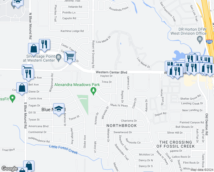 map of restaurants, bars, coffee shops, grocery stores, and more near 2105 Leandra Lane in Fort Worth