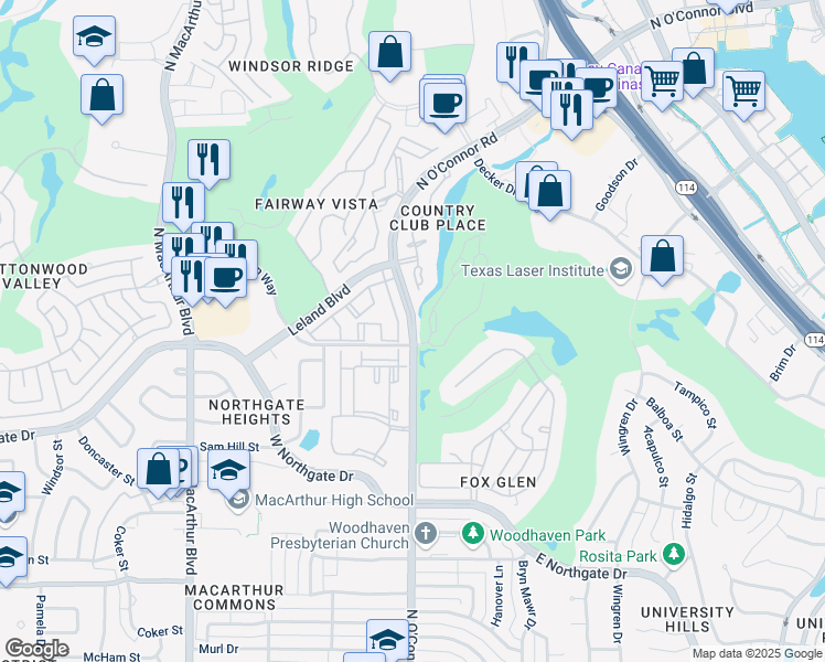 map of restaurants, bars, coffee shops, grocery stores, and more near 4537 North O'Connor Road in Irving