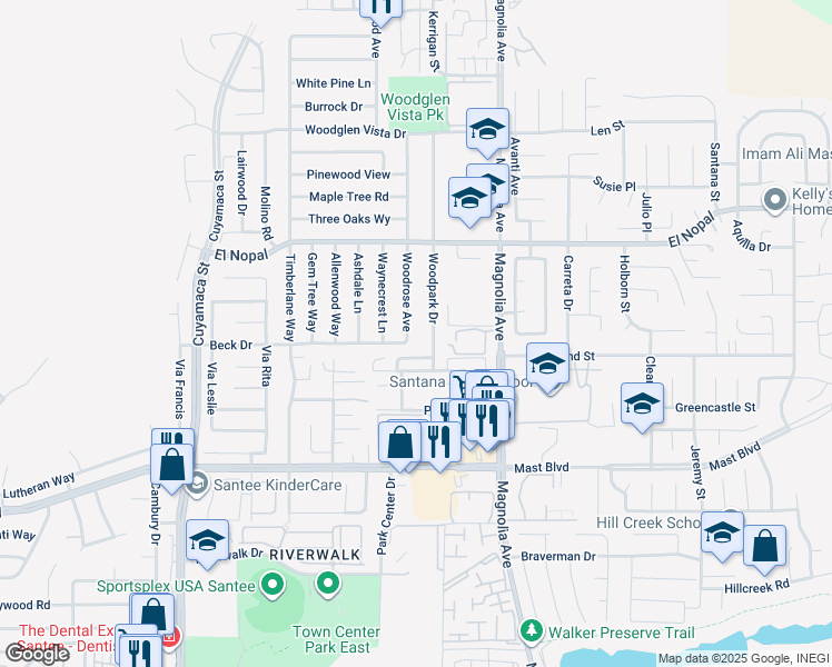 map of restaurants, bars, coffee shops, grocery stores, and more near 10011 Woodrose Avenue in Santee