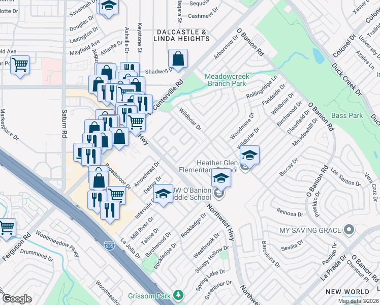 map of restaurants, bars, coffee shops, grocery stores, and more near 617 Brookview Drive in Garland