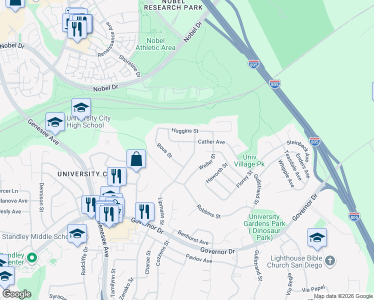 map of restaurants, bars, coffee shops, grocery stores, and more near 7119 Cather Court in San Diego